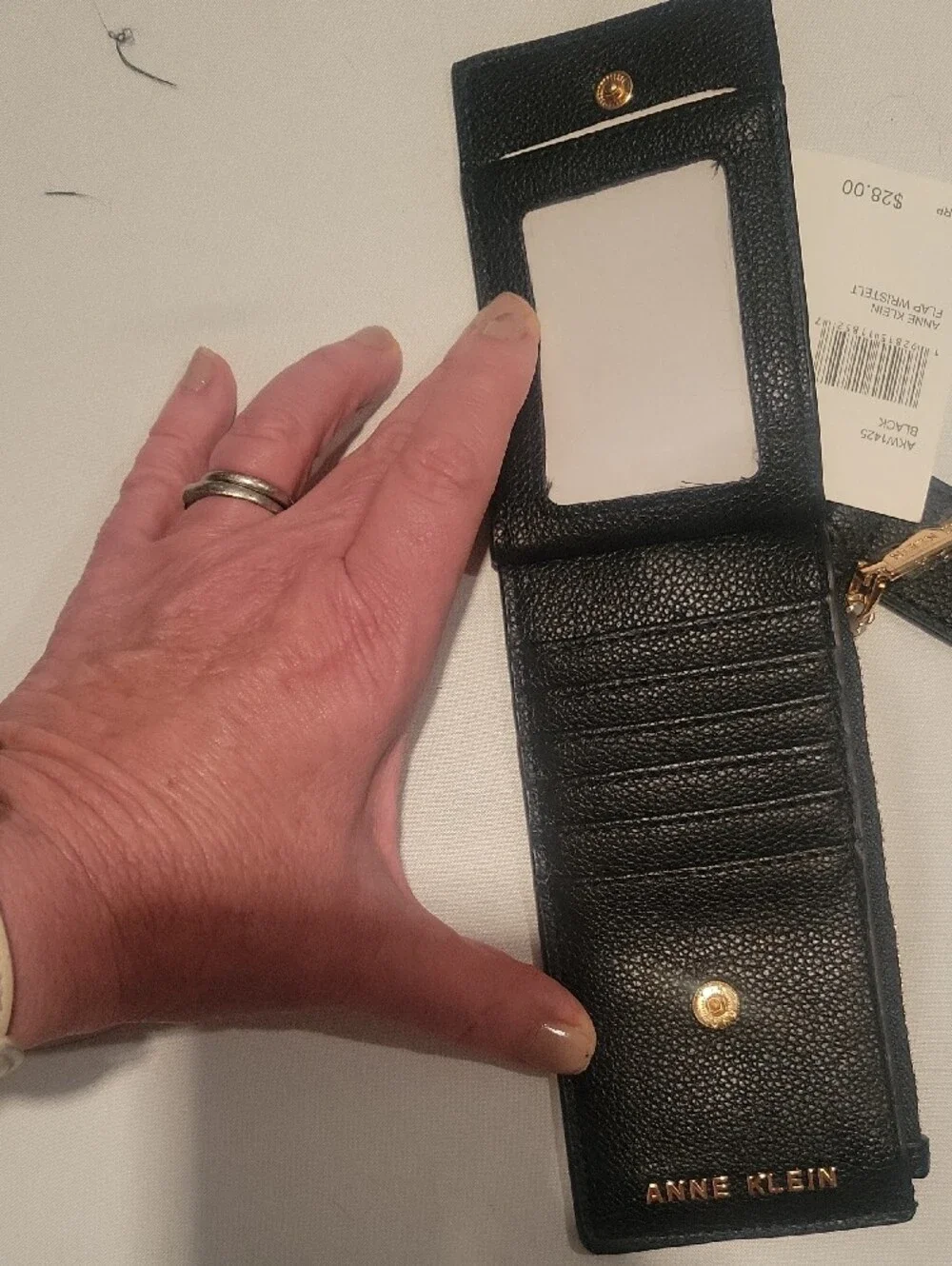 Anne Klein Black Pebbled Leather Credit Card Wristlet with Gold Hardware